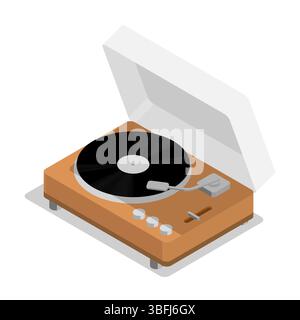 Isometrischer Vinyl-Musik-Player mit Klappdeckel und Lautstärkeregler. Antike Musikausrüstung zum Abspielen von Schallplatten. Luftbildvektor isoliert auf Wi Stock Vektor