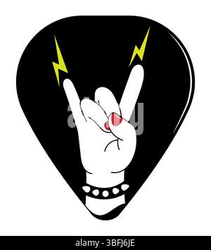 Rock-Musik-Fan-Hand vor dem Hintergrund der schwarzen Gitarrenpistole machen Rock-n-Roll-Geste. Punk-Wipphebel. Cartoon-Vektor isoliert auf weißem Hintergrund Stock Vektor