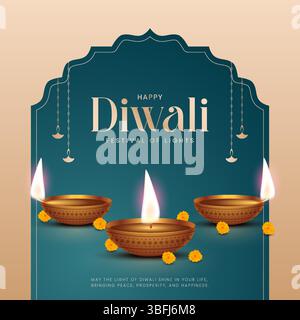 Happy Diwali - Festival der Lichter farbenfrohe Plakatschablone mit dekorativer Diya-Lampe. Vektorabbildung. Indisches Festival Happy Diwali Stock Vektor