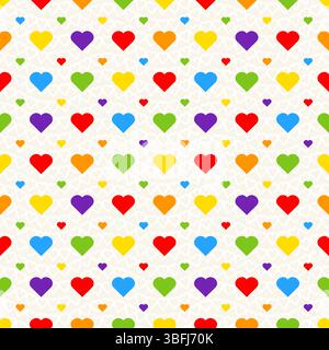 Regenbogenherzmosaik, nahtloses Vektormuster mit bunten Herzen in einer Regenbogenpalette. Perfekt für Hintergründe, Textilien und festliche Bannerdesigns Stock Vektor