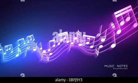 Farbenfrohe Musiknotizen mit Bokeh-Banner und Posterdesign im Hintergrund. Hintergrundmusik. Abstrakte Musiknotizen und welliger Hintergrund. Stock Vektor