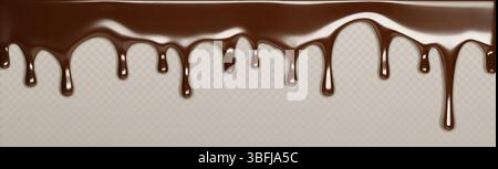 Schmelzende Schokoladenkante isoliert auf transparentem Hintergrund. Vektor realistische Illustration von braunen Farbtropfen, nahtloser geschmolzener Schokoladen-Dessertrahmen, süßer Milchjoghurt Fluss, cremige Glasur Textur Stock Vektor