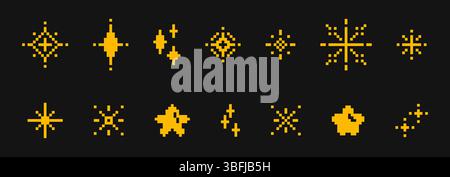Pixelsterne gesetzt – gelbe geometrische Formen im Raum. Retro-8-Bit-Gaming-Sprites mit pixeligen Himmelskörpern. Minimalistische Elemente, nostalgische Elemente treffen sich auf kosmische Abenteuer oder Galaxienhintergründe. Stock Vektor