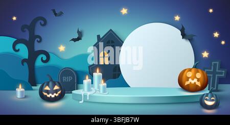 Gruselige Halloween-Party-Podium-Szene mit leuchtenden Jacks-o-Laternen, gespenstischen Häusersilhouette, Rip Grabstein, schmelzenden Kerzen auf türkisfarbenem Plattformdisplay mit fliegenden Fledermäusen, Sternen und verdrehtem Baum. Stock Vektor