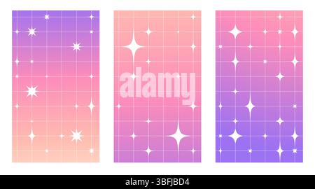 Set mit Retro-Sternmuster – Heller y2k-Hintergrund in Neon-Farbverlauf in Lila, Orange und Pink. Verspielte Rasterlayouts mit Funkeln, quadratischen Fliesen und geometrischen Formen. 90er Jahre Tapeten für Partyflyer. Stock Vektor