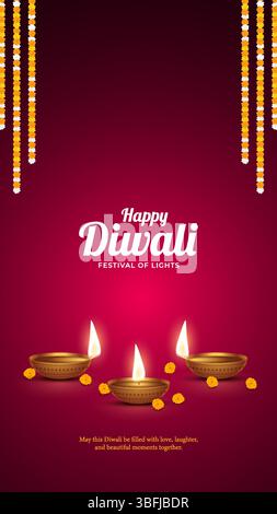 Happy Diwali - Festival der Lichter farbenfrohe Plakatschablone mit dekorativer Diya-Lampe. Vektorabbildung. Indisches Festival Happy Diwali Stock Vektor