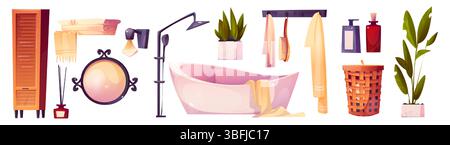 Gemütliche Cartoon-Badezimmer-Elemente - weiße Badewanne mit Duschkopf, Schrank und runder Spiegel, hängende Handtücher an Haken, Seifenspender, Wäschekorb und Topfpflanze. Moderne Spa-Möbel Stock Vektor