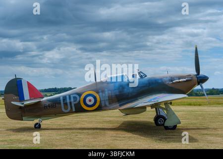 Kemble, Gloucestershire - Hawker Hurricane Mk1 R4118, ein Veteran der Schlacht von Großbritannien, befindet sich im Privatbesitz von Hurricane Heritage. Es begann mit Nr. 60 Stockfoto