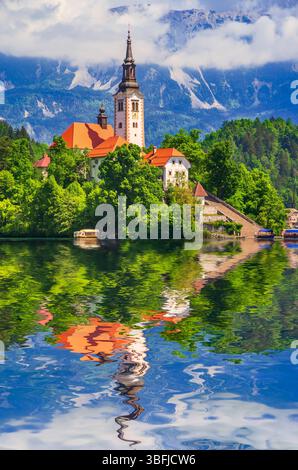 Bled Lake, Slowenien. Legendäre springende Landschaft in den Julianischen Alpen, Europa im Rampenlicht Stockfoto