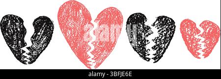 Gebrochene Herzen Buntstift gezeichnet Set. Markierungskritzeleien isoliert auf weißem Hintergrund. Liebe naive handgezeichnete Malelemente. Vektorherzbruch durch Bleistiftillu Stock Vektor