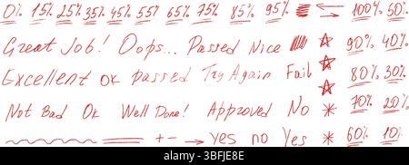 Die Prozentzahl der Prüfungsergebnisse markiert den Kritzelkreide-Satz. Schultest Ergebnisse handgezeichnete Singen. Lehrer-Prozentpunkte für Schüleraufgaben. Handgeschriebene Vektorvektoren Stock Vektor