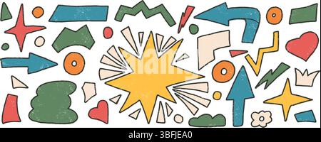 Geometrische Formen Buntstift gezeichnet Set. Sterne, Krone, Pfeile Vektorfiguren durch Bleistift organische bunte verspielte Aufkleber kritzeln isoliert auf weißem Hintergrund. Stock Vektor
