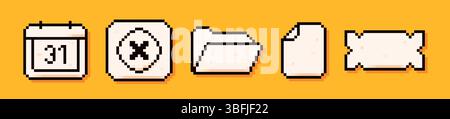 Fünf Pixel Bildsymbole. Kalender mit Datum, Stoppschaltfläche, Dateien und Fenstern. Stock Vektor