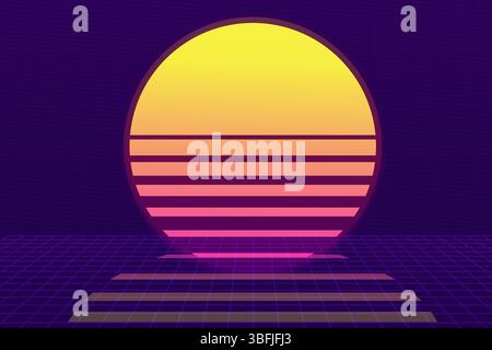 Retro Vaporwave Sun futuristischer Sonnenaufgang. Geometrischer Planet des Cyberpunk. Synthwave Vintage. Sonnenkreis-Retrowellenabstrakt. Vektorabbildung Stock Vektor