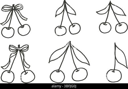 Kirsche mit Bändern Buntstift gezeichnet Set. Coquette-Beeren mit Bögen und Blättern kritzeln isoliert auf weißem Hintergrund. Strukturierte Elemente mit Grunge-Linie aus Früchten. Stock Vektor