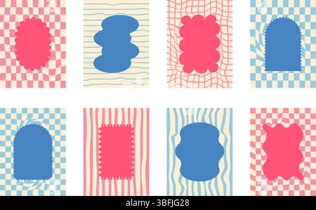 Funky-Retro-Bogen und geometrische Rahmen mit groovigem Schachbretthintergrund. Set aus lustigen Vintage-Farben mit Muschelrand. Textfelder oval, rechtwinklig Stock Vektor