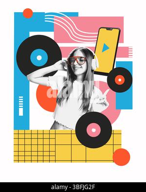 Abstraktes Kunstwerk. Retro trifft sich jetzt. Teenager hören Musik mit Schallplatten und Smartphone vor lebendigem Hintergrund. Retro-Pixelstil Stockfoto