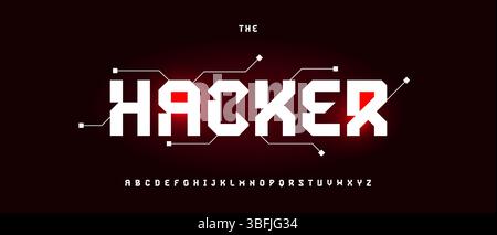 Futuristisches Hacker-Schriftdesign mit leuchtend roten Cyber-Elementen, digitaler Alphabet-Stil perfekt für technische Themen und Codierungsprojekte. Vektorabbildung Stock Vektor