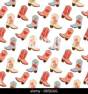 Verspieltes nahtloses Muster mit farbenfrohen Cowboystiefeln mit verschiedenen Motiven, ideal für kreative digitale Projekte und Geschenkpapier. Stock Vektor
