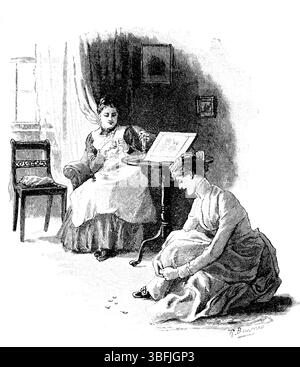 Viktorianisches Innenleben, Frauen, Talking as one count Coins, gravierte Linienillustration, von Robert Barnes aus dem Jahr 1892 The Quiver Magazine Stockfoto