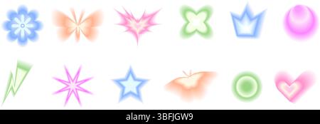 Geometrische Form des Verlaufs für Weichzeichnungsverläufe festgelegt. Y2K Retro Herz, Stern und Kreis mit Blumenformen. Bunte Schmetterlings- und Kronsymbole auf weißem Hintergrund. Trendig Stock Vektor