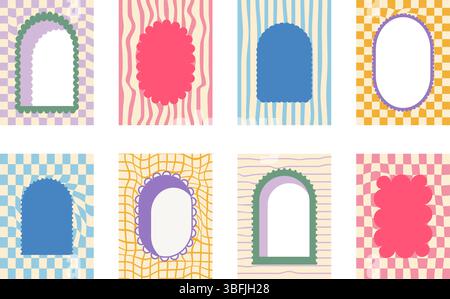 Funky-Retro-Bogen und geometrische Rahmen mit groovigem Schachbretthintergrund. Set aus lustigen Vintage-Farben mit Muschelrand. Textfelder und Callou Stock Vektor