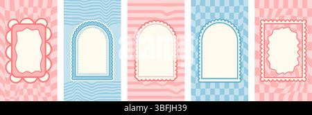 Funky Retro-Rahmen mit groovigem Schachbretthintergrund. Set aus lustigen, pastellfarbenen Rändern mit Muschelrand. Textfelder und Callout-Vorlagen für Aufrufe Stock Vektor