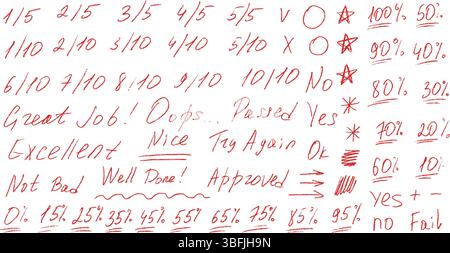 Prüfungsnoten Buntstift-Doodle-Set. Schultestergebnisse verschiedene handgezeichnete Sänge. Lehrer-Scores von Schüleraufgaben. Vektor handgeschriebenes Scribble mA Stock Vektor