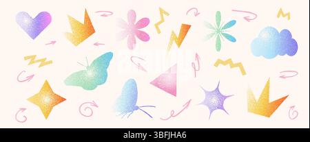 Gradientenformen. Geometrische Punktfiguren. Y2K Retro Herz, Stern und Kreis mit Blumenformen. Bunte Symbole auf beigefarbenem Hintergrund. Trendiger Effekt Stock Vektor