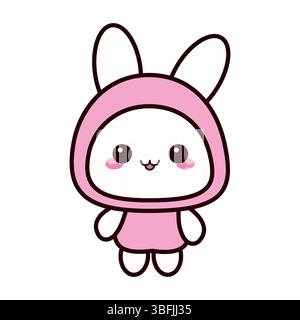 Eine niedliche Zeichentrickfigur, die einem Häschen ähnelt und ein rosafarbenes Kapuzenoutfit trägt. Stock Vektor