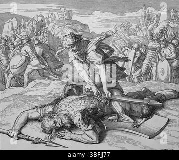Altes Testament. David tötet Goliath. Das erste Buch Samuel. Illustration von J. Schnorr von Carolsfeld. "Die Bilderbibel", 1852-60. Stockfoto