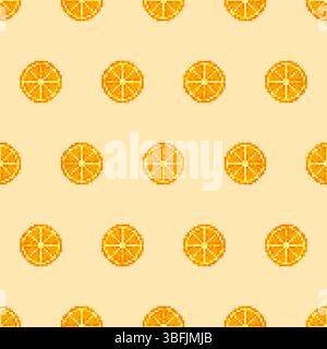 Helles, nahtloses Muster mit Zitrusscheiben im Pixel-Art-Stil. Frisches Sommerdesign mit Orange oder Mandarine für Verpackung, Verpackung oder Textil. Stock Vektor