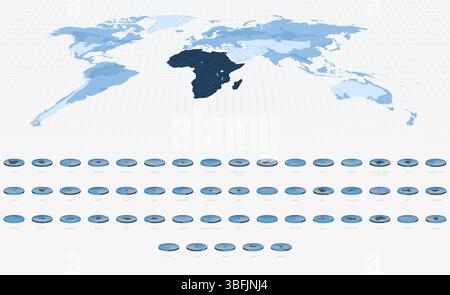 Afrikanische Landkarten im kreisförmigen isometrischen Stil, Blauton. Karten im Kreisformat. Stock Vektor