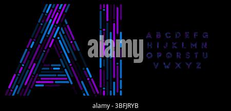 Digitales futuristisches Alphabet, abstrakte lineare Schriftart mit leuchtenden Neonstrichen für AI Tech Startup-Logo, Künstliche Intelligenz Data Science, Maschine Stock Vektor
