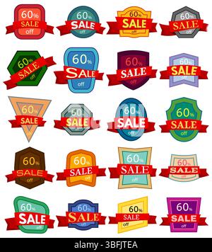 Set mit 20 Rabattaufklebern. Bunte Abzeichen mit rotem Band zum Verkauf: 60 % Rabatt. Vektorabbildung. Stock Vektor