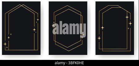 Dünne goldene Linie, geometrischer Rahmen mit Glitzern. Weihnachtskartenschablone mit goldenem Rahmen auf schwarzem Hintergrund. Vektorgrafik, Set Stock Vektor