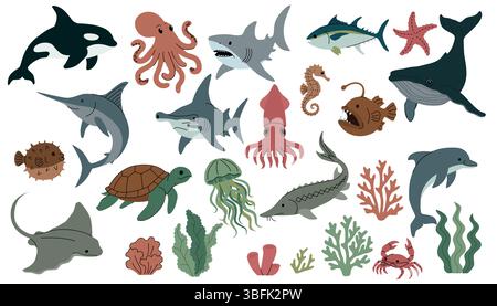 Sammlung von Meerestieren und Meerespflanzen im flachen Cartoon-Stil. Einschließlich Wal, Hai, Delfin, Tintenfisch, Schildkröte, Korallen, Algen und mehr. Farbenfroh Stock Vektor