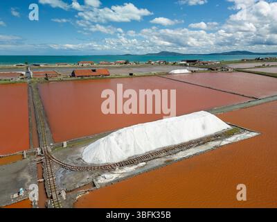 Aus der Vogelperspektive der farbenfrohen Salinen in der Nähe von Burgas, Bulgarien. Leuchtend rote und orangene Verdunstungsteiche stehen im Kontrast zu weißen Salzhaufen und türkisfarbenem Meer Stockfoto