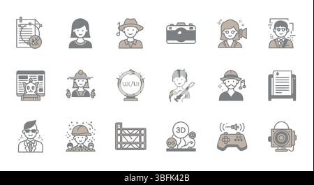 Symbolsatz kreative Jobs – Symbole für Design, Kunst, Medien und Inhaltserstellung Stock Vektor