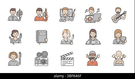 Symbolsatz kreative Jobs – Symbole für Design, Kunst, Medien und Inhaltserstellung Stock Vektor