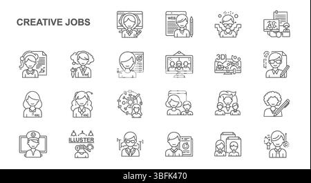 Symbolsatz kreative Jobs – Symbole für Design, Kunst, Medien und Inhaltserstellung Stock Vektor
