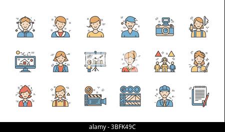 Symbolsatz kreative Jobs – Symbole für Design, Kunst, Medien und Inhaltserstellung Stock Vektor