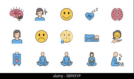Symbolsatz für psychische Gesundheit – Symbole für Wellness, Achtsamkeit, Therapie und Unterstützung Stock Vektor