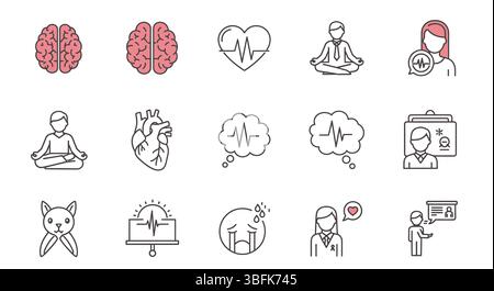 Symbolsatz für psychische Gesundheit – Symbole für Wellness, Achtsamkeit, Therapie und Unterstützung Stock Vektor