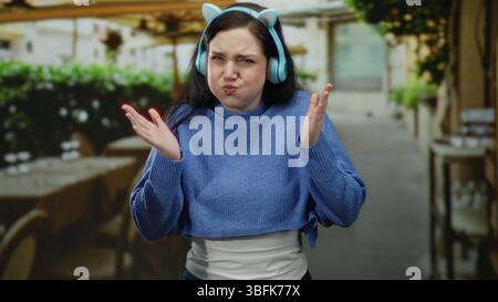Frau mit brünetten Haaren und Kopfhörern bringt Überraschung auf einer Restaurantterrasse zum Ausdruck, umgeben von urbaner Landschaft, die einen lebendigen und modernen Strend schafft Stockfoto