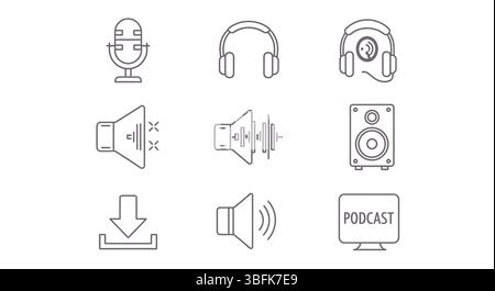 Podcast-Symbolsatz – Audio-, Mikrofon-, Rundfunk- und Mediensymbole Stock Vektor