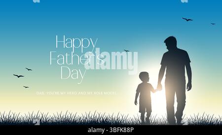 Alles Gute zum Vatertag mit den Silhouetten von Vater und Kind. Vektor-Grußkarte mit einer schönen Botschaft zum Vatertag. Alles Gute zum Vatertag, Illustrati Stock Vektor
