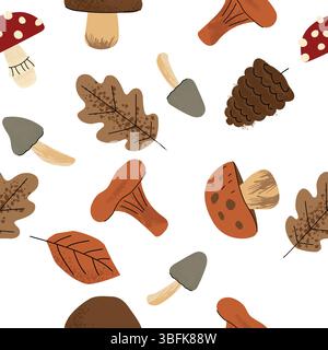Nahtloses Herbstmuster mit Pilzen, Kegeln und Eichenblättern auf weißem Hintergrund. Handgezeichnetes, kuscheliges Design, ideal für saisonale Verpackungen Stock Vektor