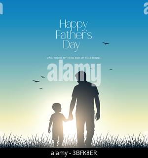 Alles Gute zum Vatertag mit den Silhouetten von Vater und Kind. Vektor-Grußkarte mit einer schönen Botschaft zum Vatertag. Alles Gute zum Vatertag, Illustrati Stock Vektor