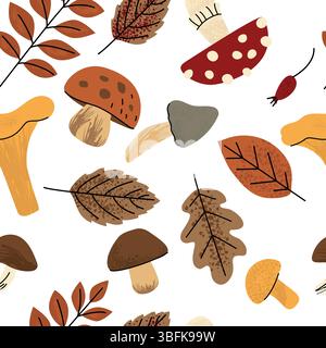 Nahtloses Herbstmuster mit bunten Pilzen, Blättern und Beeren auf weißem Hintergrund. Handgezeichneter Stil, perfekt für saisonale Designs und Umhüllungen Stock Vektor